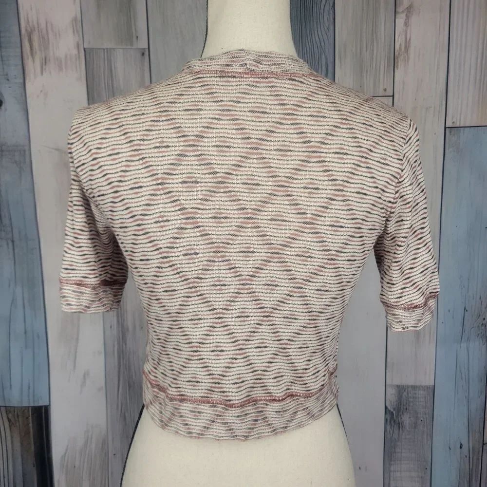 Free People Geometric Short Sleeve Mock Neck Crop Top Tan Red size Medium - Picture 3 of 7